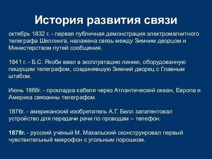 История развития связи октябрь 1832 г. - первая публичная демонстрация