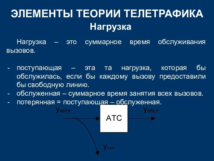 ЭЛЕМЕНТЫ ТЕОРИИ ТЕЛЕТРАФИКА Нагрузка Нагрузка – это суммарное время обслуживания