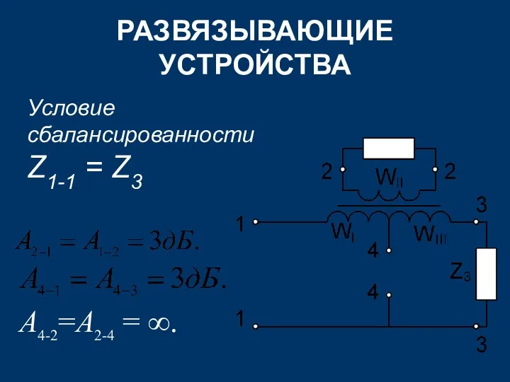 РАЗВЯЗЫВАЮЩИЕ УСТРОЙСТВА Условие сбалансированности Z1-1 = Z3 A4-2=A2-4 = ∞.