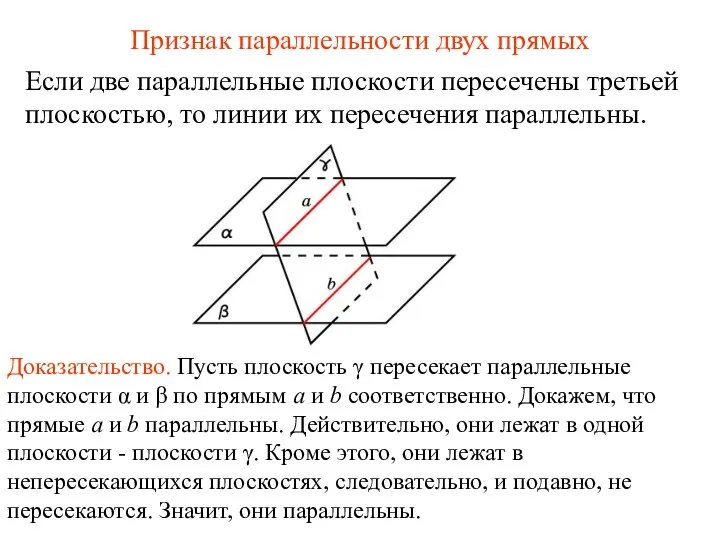 Если две параллельные плоскости пересечены третьей плоскостью, то линии их