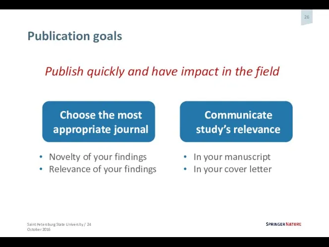 Publication goals Publish quickly and have impact in the field