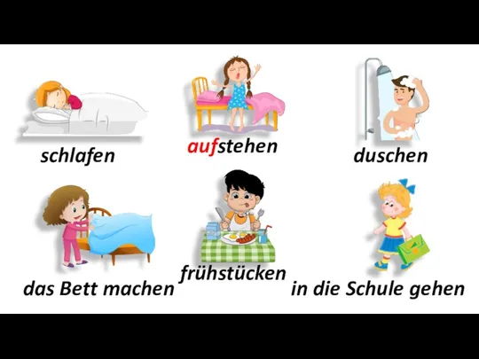 schlafen aufstehen duschen das Bett machen frühstücken in die Schule gehen