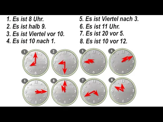 1. Es ist 8 Uhr. 2. Es ist halb 9.