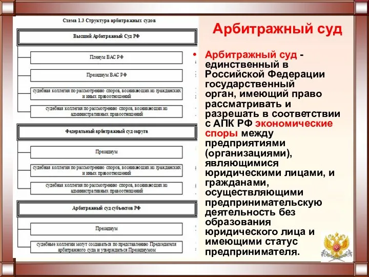 Арбитражный суд Арбитражный суд - единственный в Российской Федерации государственный