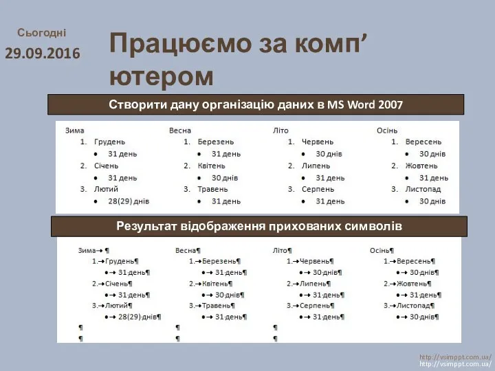 Працюємо за комп’ютером Сьогодні 29.09.2016 http://vsimppt.com.ua/ http://vsimppt.com.ua/ Створити дану організацію