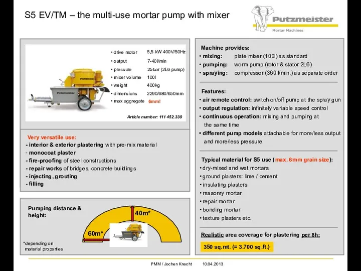 Pumping distance & height: Very versatile use: interior & exterior