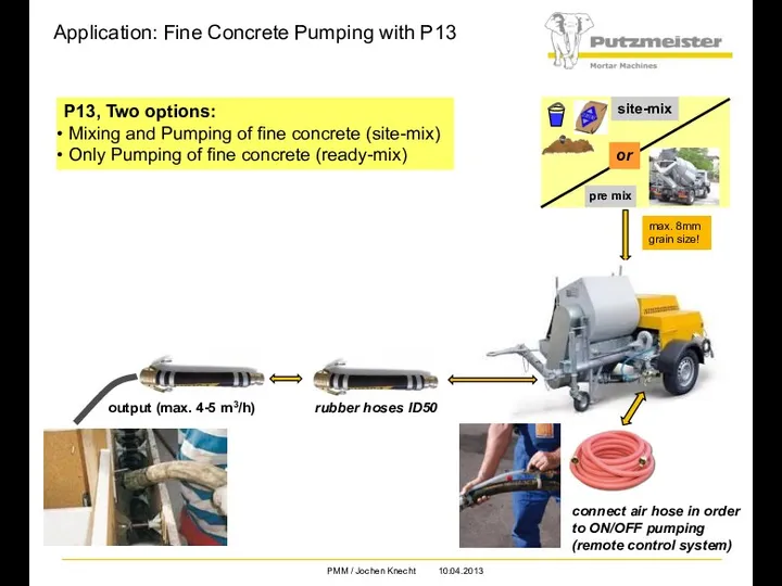 Application: Fine Concrete Pumping with P13 pre mix site-mix or
