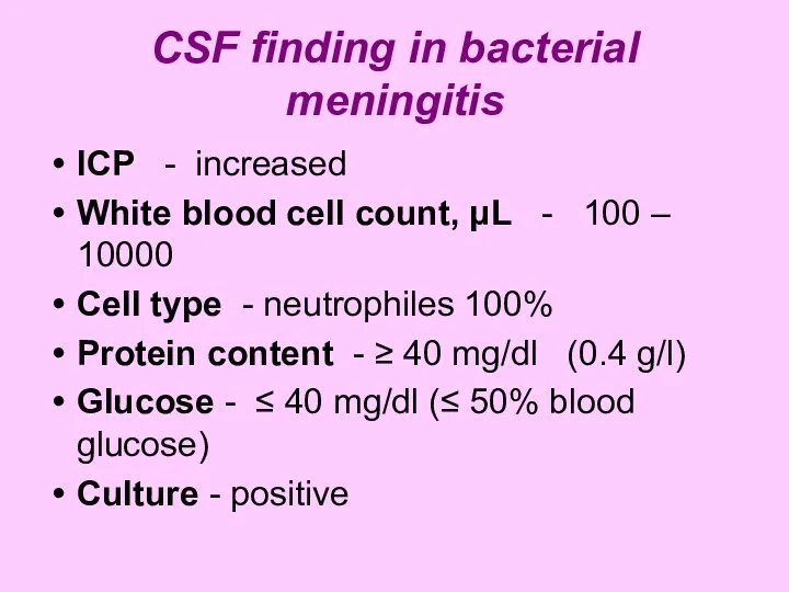 CSF finding in bacterial meningitis ICP - increased White blood