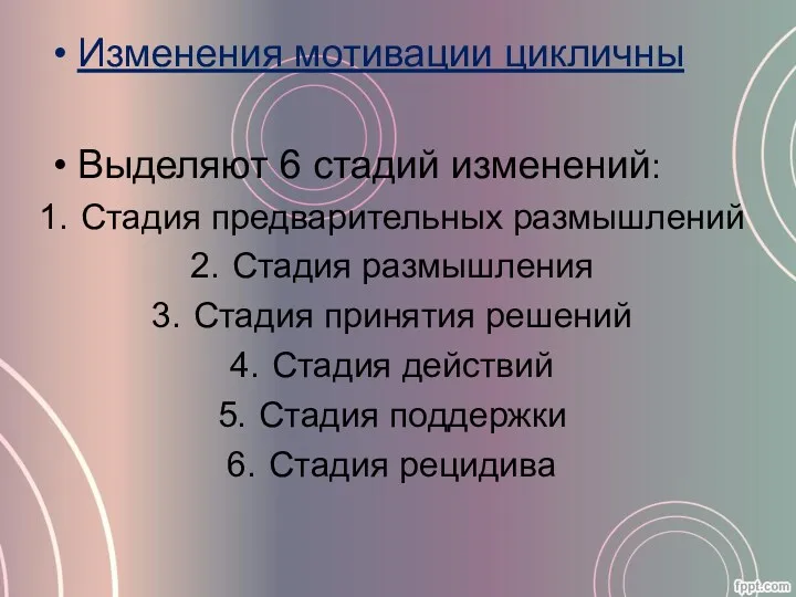 Изменения мотивации цикличны Выделяют 6 стадий изменений: Стадия предварительных размышлений