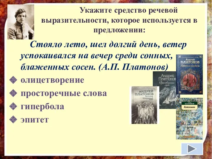 Укажите средство речевой выразительности, которое используется в предложении: Стояло лето,