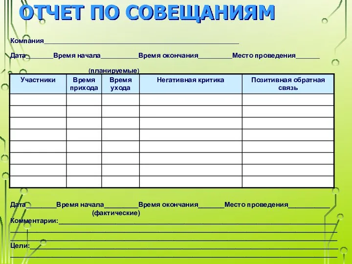 ОТЧЕТ ПО СОВЕЩАНИЯМ Компания_________________________________________________________ Дата________Время начала___________Время окончания__________Место проведения_______ (планируемые) Дата________Время начала_________Время окончания_______Место проведения___________ (фактические) Комментарии:_____________________________________________________________________________________________________________________________________________________________________________________________________________________________________________________ Цели:_______________________________________________________________________________________________________________________________________________________________________