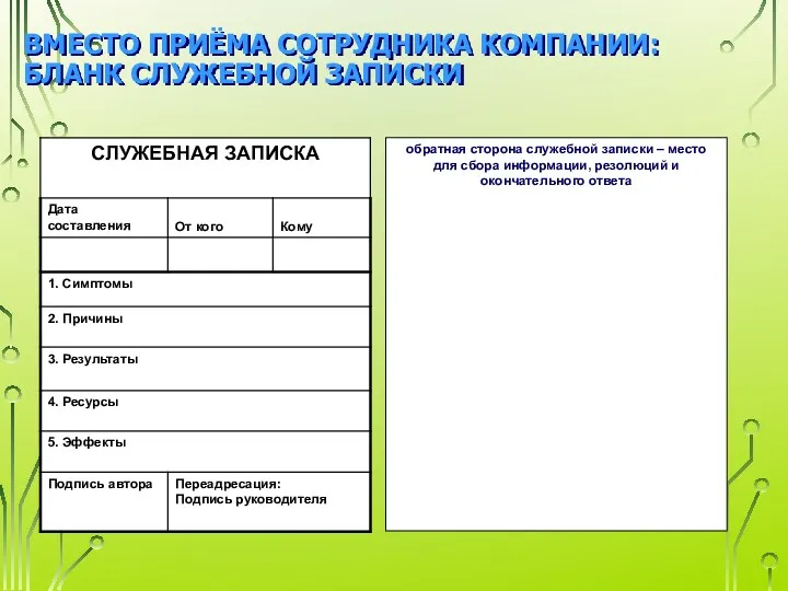 ВМЕСТО ПРИЁМА СОТРУДНИКА КОМПАНИИ: БЛАНК СЛУЖЕБНОЙ ЗАПИСКИ обратная сторона служебной