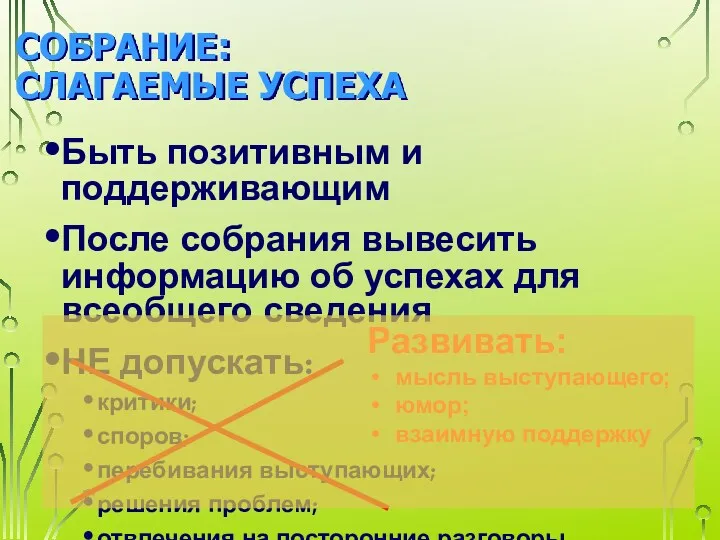 СОБРАНИЕ: СЛАГАЕМЫЕ УСПЕХА Быть позитивным и поддерживающим После собрания вывесить