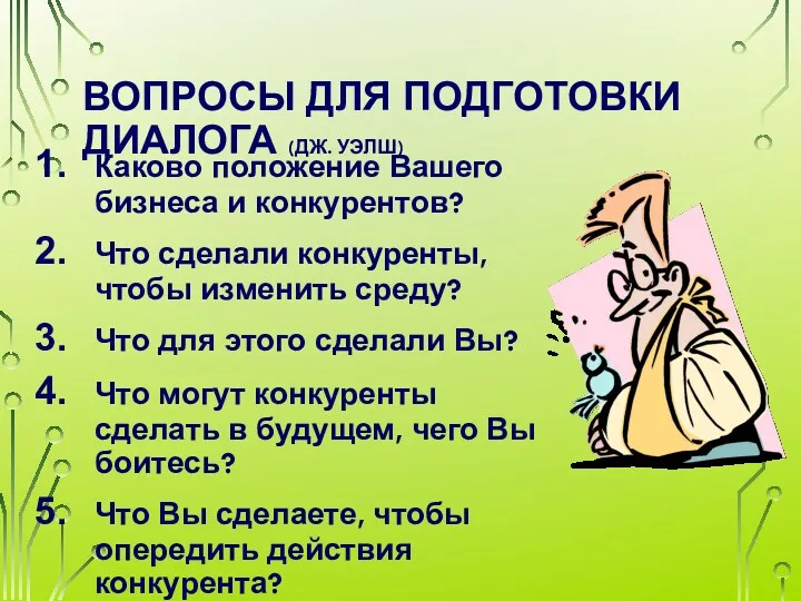 ВОПРОСЫ ДЛЯ ПОДГОТОВКИ ДИАЛОГА (ДЖ. УЭЛШ) Каково положение Вашего бизнеса