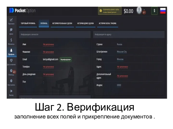 Шаг 2. Верификация заполнение всех полей и прикрепление документов .