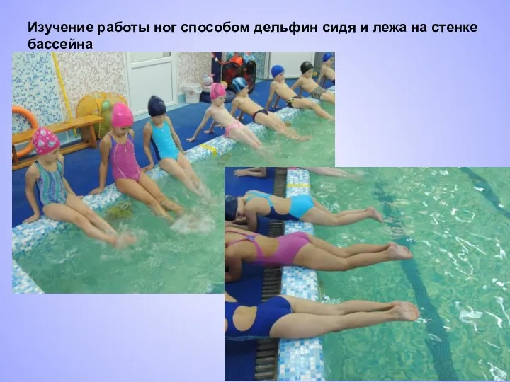 Изучение работы ног способом дельфин сидя и лежа на стенке бассейна