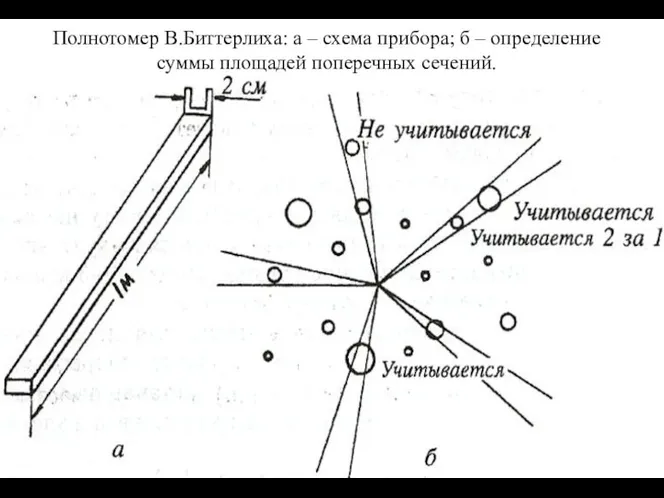 Полнотомер В.Биттерлиха: а – схема прибора; б – определение суммы площадей поперечных сечений.