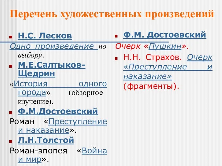 Н.С. Лесков Одно произведение по выбору. М.Е.Салтыков-Щедрин «История одного города» (обзорное изучение). Ф.М.Достоевский