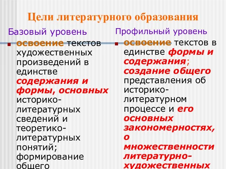 Базовый уровень освоение текстов художественных произведений в единстве содержания и