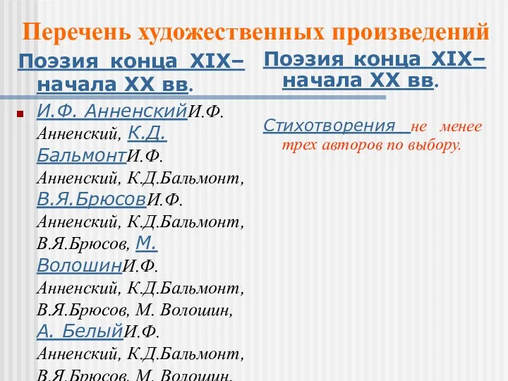 Поэзия конца XIX–начала XX вв. И.Ф. АнненскийИ.Ф. Анненский, К.Д.БальмонтИ.Ф. Анненский,