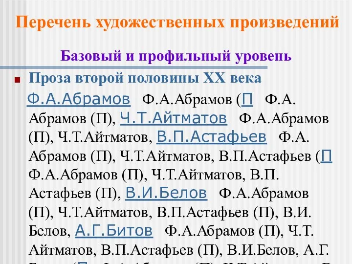 Базовый и профильный уровень Проза второй половины XX века Ф.А.Абрамов Ф.А.Абрамов (П Ф.А.Абрамов