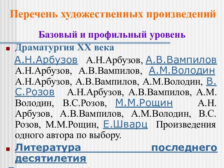 Базовый и профильный уровень Драматургия ХХ века А.Н.Арбузов А.Н.Арбузов, А.В.Вампилов А.Н.Арбузов, А.В.Вампилов, А.М.Володин