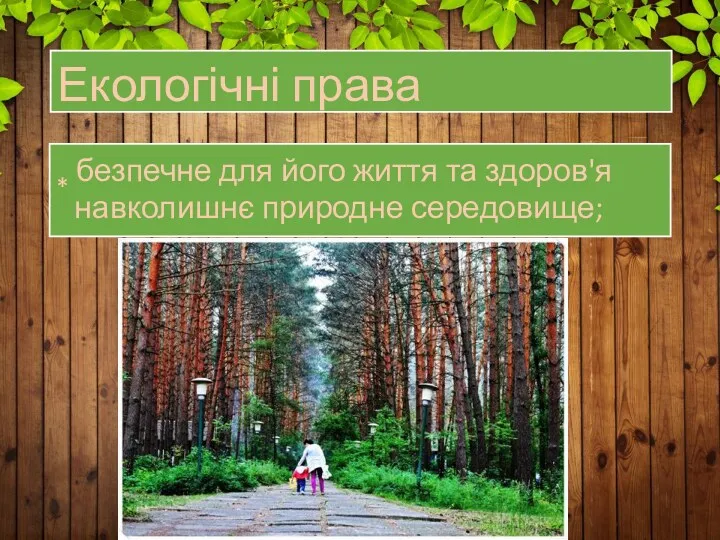 Екологічні права * безпечне для його життя та здоров'я навколишнє природне середовище;