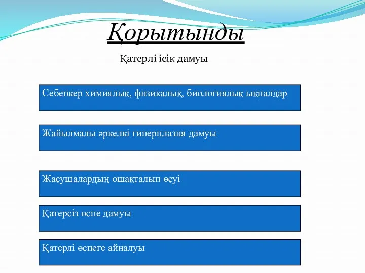 Қорытынды Қатерлі ісік дамуы Себепкер химиялық, физикалық, биологиялық ықпалдар Жайылмалы