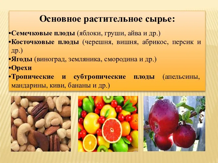 Основное растительное сырье: Семечковые плоды (яблоки, груши, айва и др.)