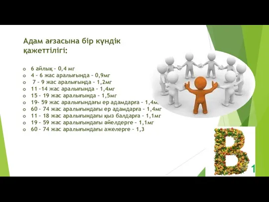 Адам ағзасына бір күндік қажеттілігі: 6 айлық – 0,4 мг