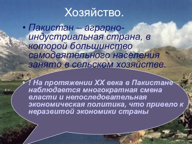 Хозяйство. Пакистан – аграрно-индустриальная страна, в которой большинство самодеятельного населения занято в сельском