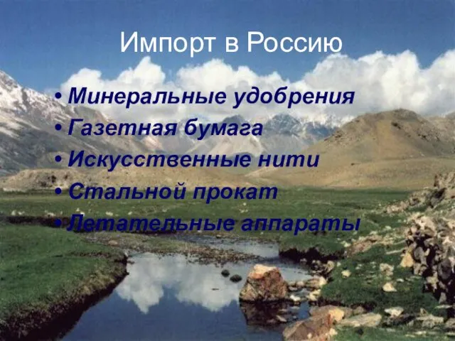 Импорт в Россию Минеральные удобрения Газетная бумага Искусственные нити Стальной прокат Летательные аппараты