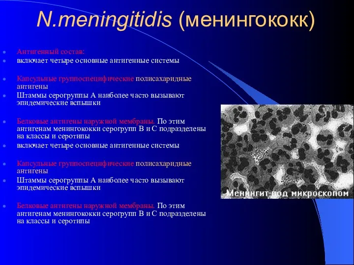 N.meningitidis (менингококк) Антигенный состав: включает четыре основные антигенные системы Капсульные