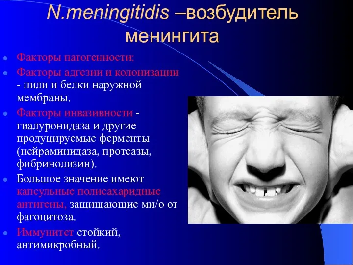 N.meningitidis –возбудитель менингита Факторы патогенности: Факторы адгезии и колонизации -