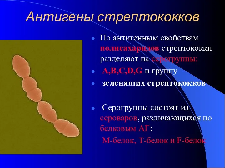 Антигены стрептококков По антигенным свойствам полисахаридов стрептококки разделяют на серогруппы: