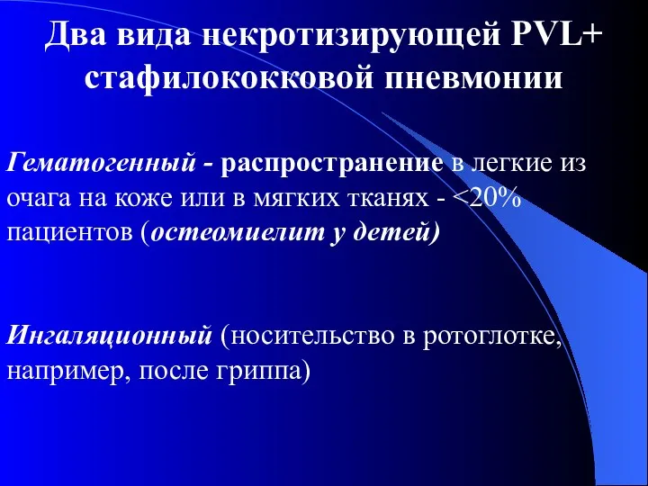 Два вида некротизирующей PVL+ стафилококковой пневмонии Гематогенный - распространение в