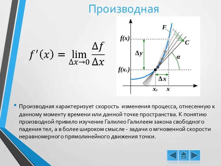 Производная Производная характеризует скорость изменения процесса, отнесенную к данному моменту