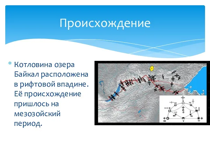 Котловина озера Байкал расположена в рифтовой впадине. Её происхождение пришлось на мезозойский период. Происхождение