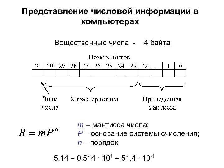 Вещественные числа - 4 байта Представление числовой информации в компьютерах