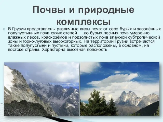 В Грузии представлены различные виды почв: от серо-бурых и засолённых