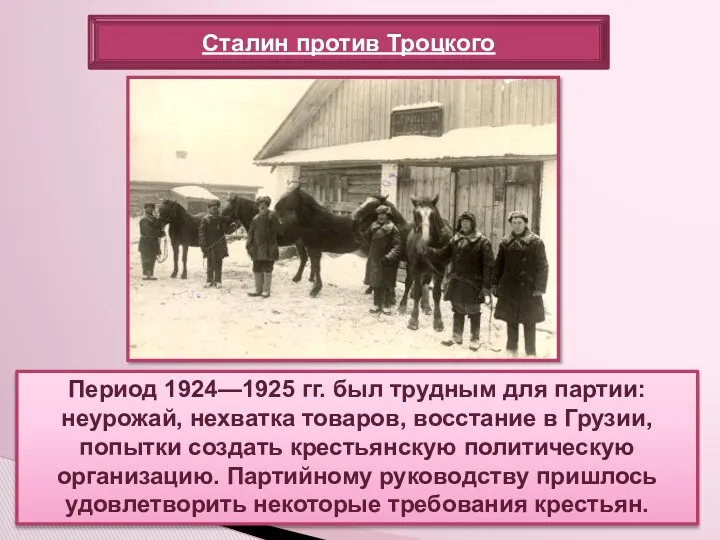 Период 1924—1925 гг. был трудным для партии: неурожай, нехватка товаров,