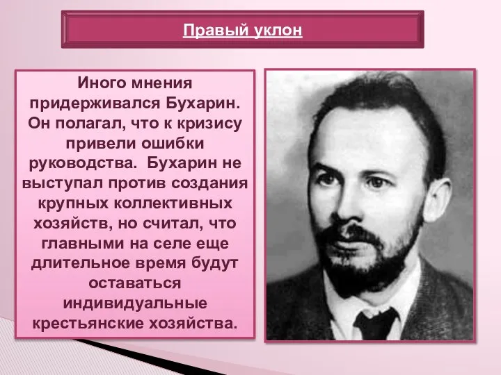 Иного мнения придерживался Бухарин. Он полагал, что к кризису привели