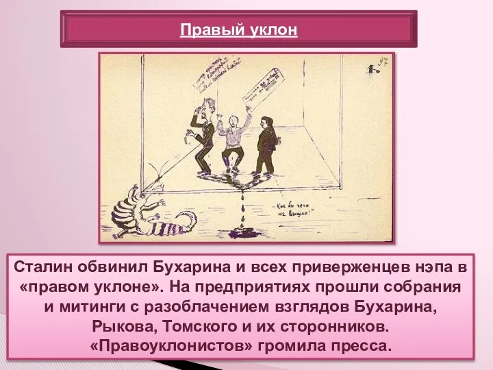 Сталин обвинил Бухарина и всех приверженцев нэпа в «правом уклоне».