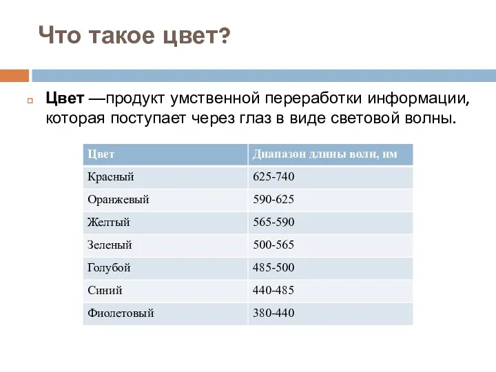 Что такое цвет? Цвет —продукт умственной переработки информации, которая поступает через глаз в виде световой волны.