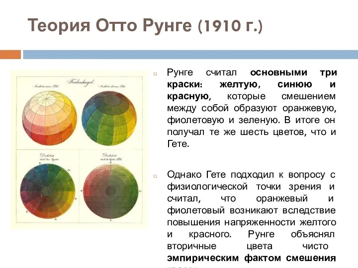 Теория Отто Рунге (1910 г.) Рунге считал основными три краски: