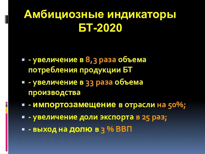 Амбициозные индикаторы БТ-2020 - увеличение в 8,3 раза объема потребления