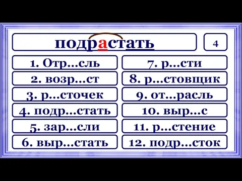 4 подрастать 7. р…сти 8. р…стовщик 9. от…расль 11. р…стение