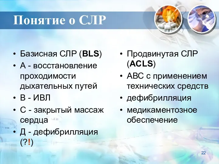 Понятие о СЛР Базисная СЛР (BLS) А - восстановление проходимости дыхательных путей В