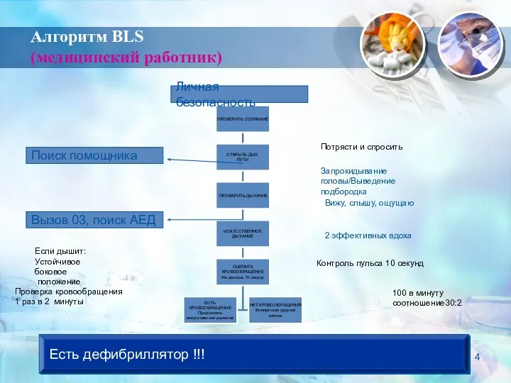 Алгоритм BLS (медицинский работник) Потрясти и спросить Запрокидывание головы/Выведение подбородка Вижу, слышу, ощущаю