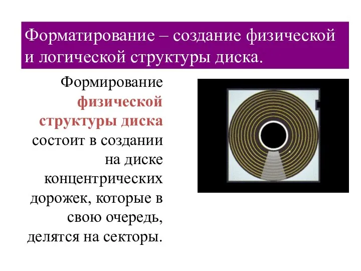 Форматирование – создание физической и логической структуры диска. Формирование физической